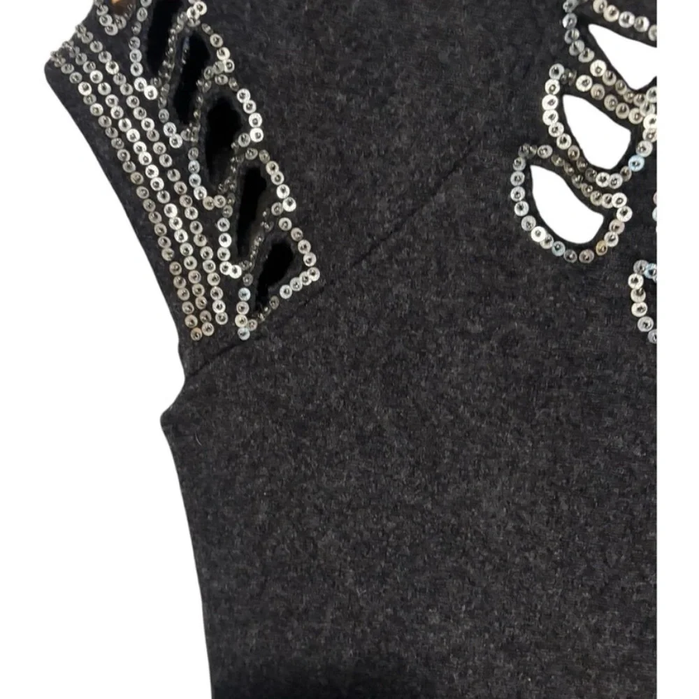Tory Burch Elegant Dark Grey Wool Dress with Embellished Neckline and Sleeves